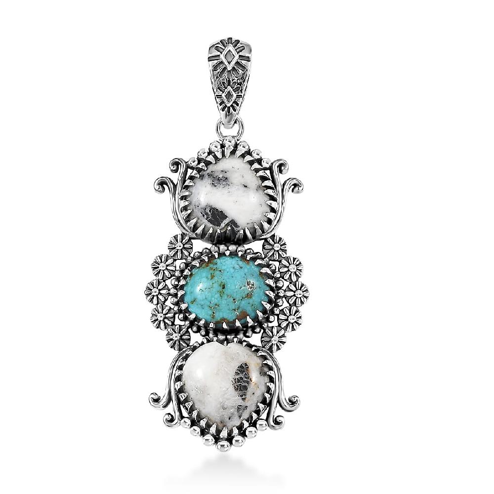 D'Joy Artisan Crafted White Buffalo Tahoe Nevada Turquoise Pendant without Chain in Sterling Silver 8.90 ctw