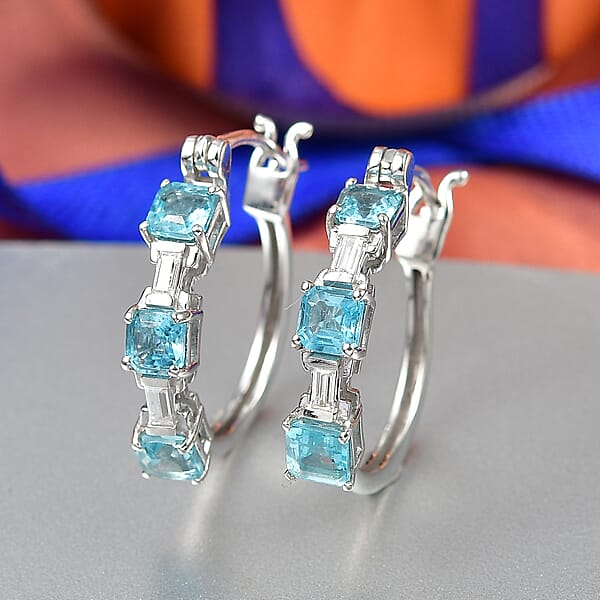 D'Joy Asscher Cut Apatite And Moissanite 2.10 Ctw Linear Architecture Earrings In Rhodium Over Sterling Silver