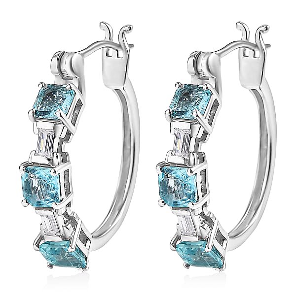 D'Joy Asscher Cut Apatite And Moissanite 2.10 Ctw Linear Architecture Earrings In Rhodium Over Sterling Silver