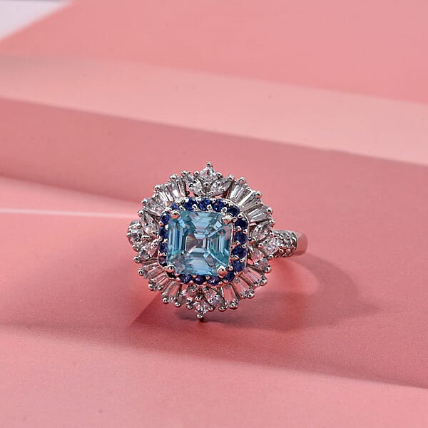 D'Joy Asscher Cut Cambodian Blue Zircon And Multi Gemstone 4.40 Ctw Art Deco Ring In Rhodium Over Sterling Silver