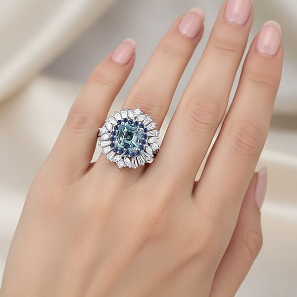 D'Joy Asscher Cut Cambodian Blue Zircon And Multi Gemstone 4.40 Ctw Art Deco Ring In Rhodium Over Sterling Silver