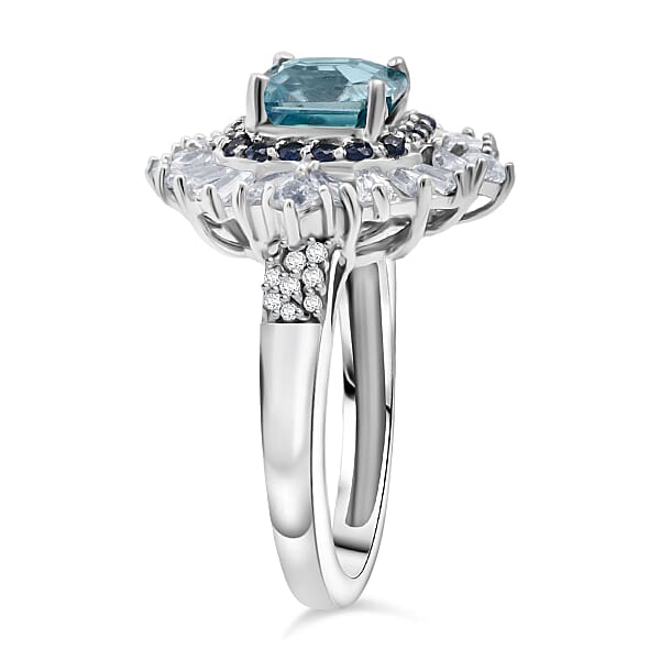 D'Joy Asscher Cut Cambodian Blue Zircon And Multi Gemstone 4.40 Ctw Art Deco Ring In Rhodium Over Sterling Silver