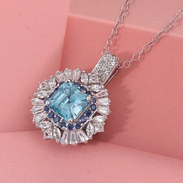 D'Joy Asscher Cut Cambodian Blue Zircon And Multi Gemstone 4.50 Ctw Art Deco Pendant Necklace In Rhodium Over Sterling Silver 20 Inches