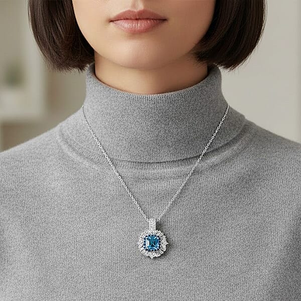 D'Joy Asscher Cut Cambodian Blue Zircon And Multi Gemstone 4.50 Ctw Art Deco Pendant Necklace In Rhodium Over Sterling Silver 20 Inches