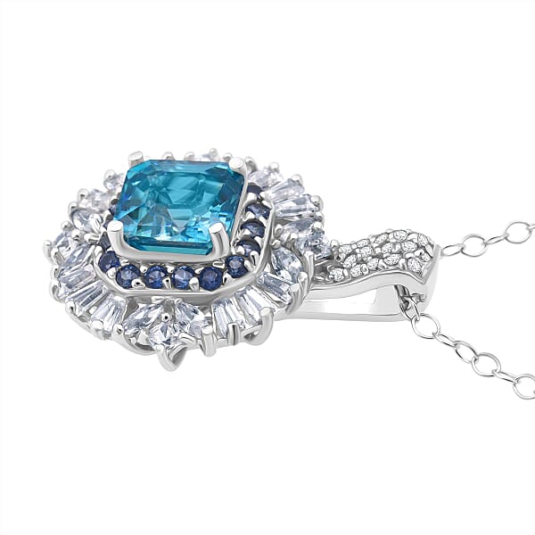 D'Joy Asscher Cut Cambodian Blue Zircon And Multi Gemstone 4.50 Ctw Art Deco Pendant Necklace In Rhodium Over Sterling Silver 20 Inches