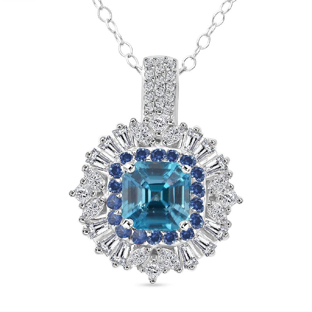 D'Joy Asscher Cut Cambodian Blue Zircon and Multi Gemstone 4.50 ctw Art Deco Pendant Necklace in Rhodium Over Sterling Silver 20 Inches