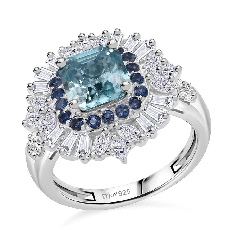 D'Joy Asscher Cut Cambodian Blue Zircon and Multi Gemstone 4.40 ctw Art Deco Ring in Rhodium Over Sterling Silver