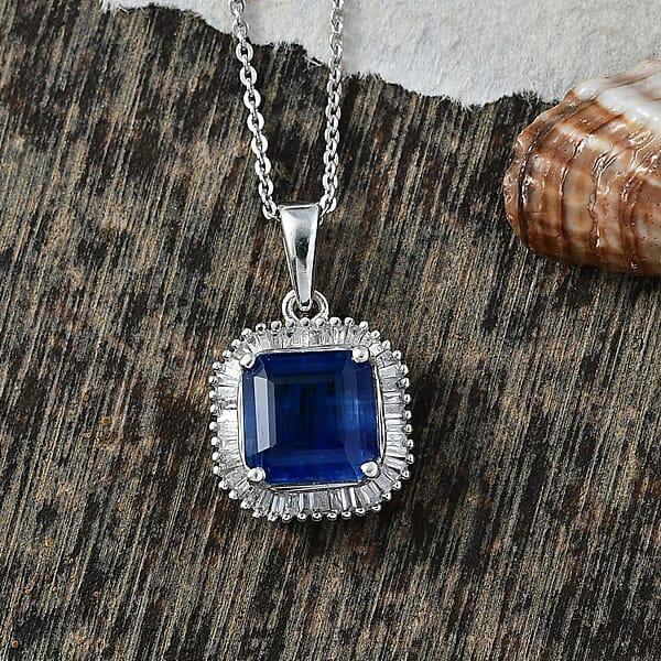 D'Joy Asscher Cut Kashmir Kyanite And Diamond 3.00 Ctw Stargate Majesty Pendant Necklace In Rhodium Over Sterling Silver 20 Inches