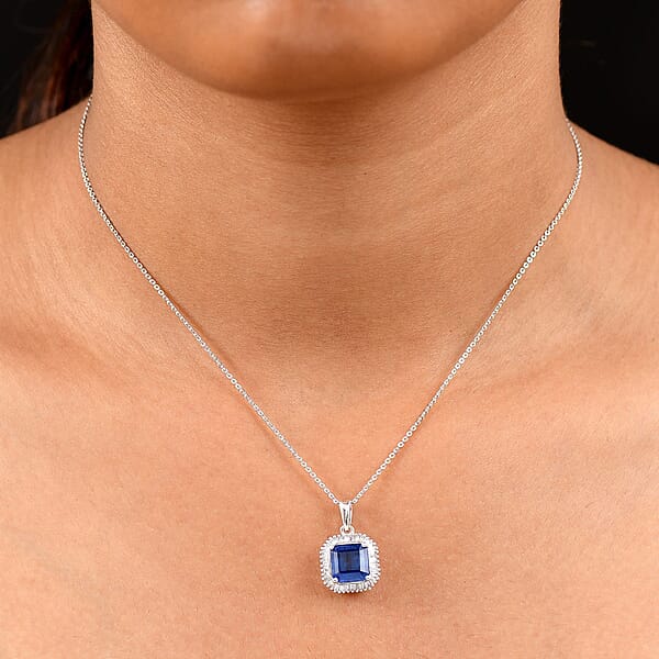 D'Joy Asscher Cut Kashmir Kyanite And Diamond 3.00 Ctw Stargate Majesty Pendant Necklace In Rhodium Over Sterling Silver 20 Inches
