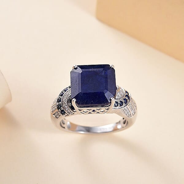 D'Joy Asscher Cut Masoala Sapphire (D) And Multi Gemstone 11.30 Ctw Majestic Wave Ring In Rhodium Over Sterling Silver