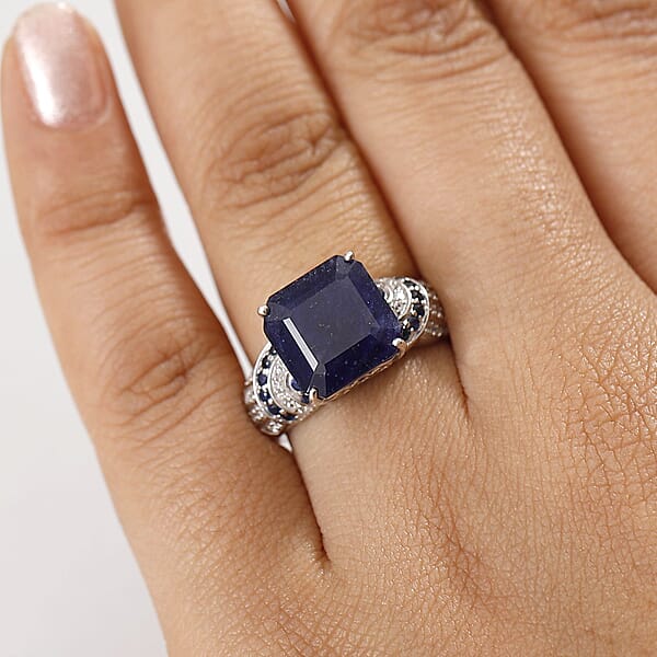 D'Joy Asscher Cut Masoala Sapphire (D) And Multi Gemstone 11.30 Ctw Majestic Wave Ring In Rhodium Over Sterling Silver