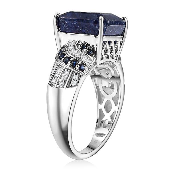 D'Joy Asscher Cut Masoala Sapphire (D) And Multi Gemstone 11.30 Ctw Majestic Wave Ring In Rhodium Over Sterling Silver