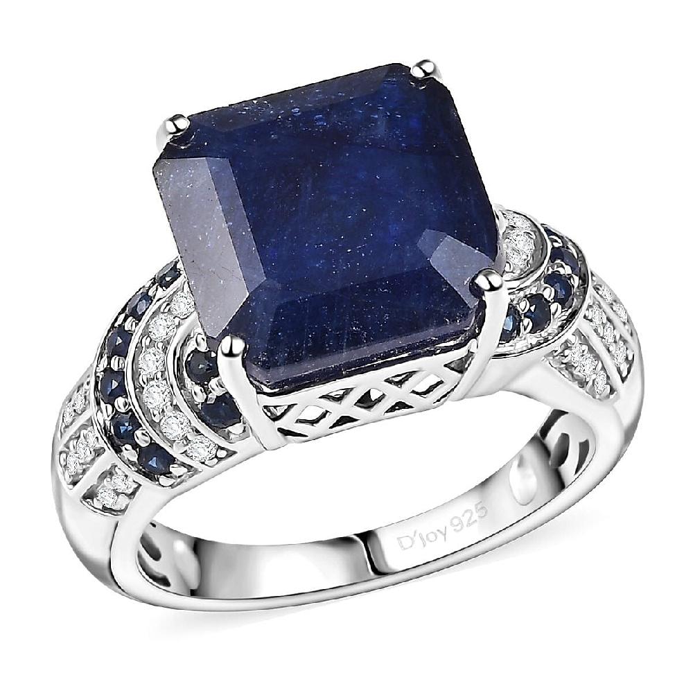D'Joy Asscher Cut Masoala Sapphire (D) and Multi Gemstone 11.30 ctw Majestic Wave Ring in Rhodium Over Sterling Silver