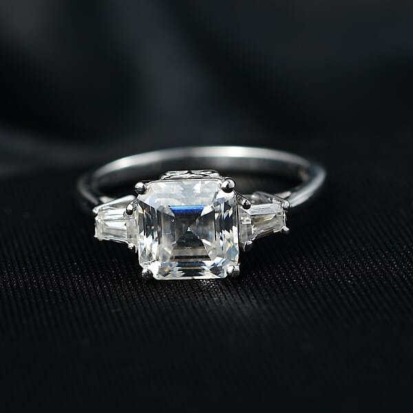 D'Joy Asscher Cut Moissanite 3.00 Ctw Art Deco Ring In Rhodium Over Sterling Silver