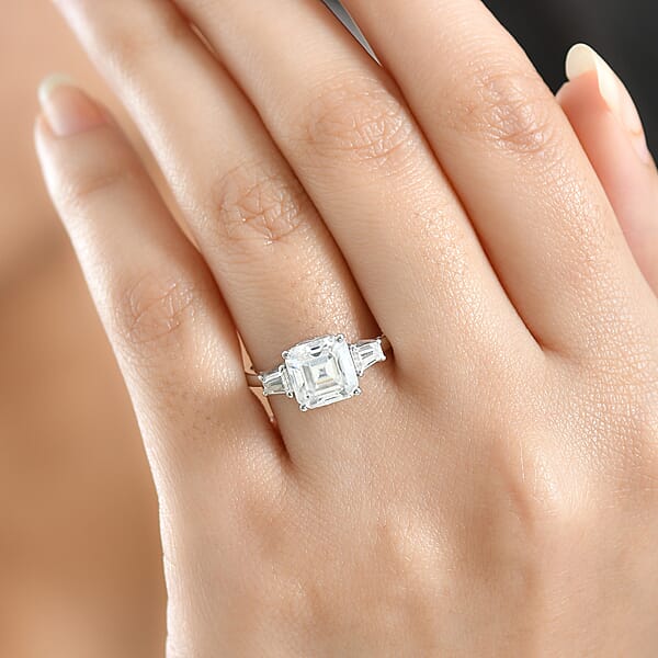 D'Joy Asscher Cut Moissanite 3.00 Ctw Art Deco Ring In Rhodium Over Sterling Silver