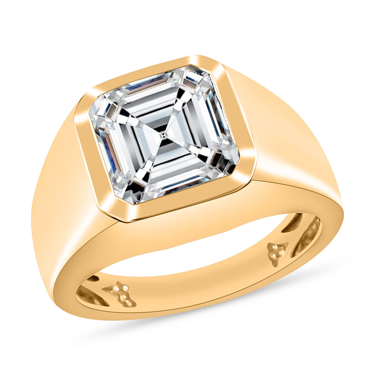 D'Joy Asscher Cut Moissanite 5.20 ctw Mens Ring in 18K Vermeil Yellow Gold Over Sterling Silver