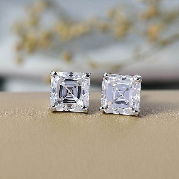 D'Joy Asscher Cut Moissanite 5.50 Ctw Stud Earrings In Rhodium Over Sterling Silver