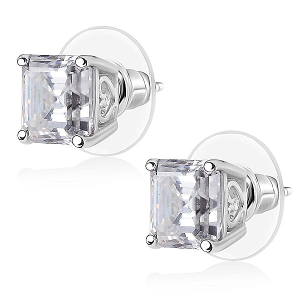 D'Joy Asscher Cut Moissanite 5.50 Ctw Stud Earrings In Rhodium Over Sterling Silver