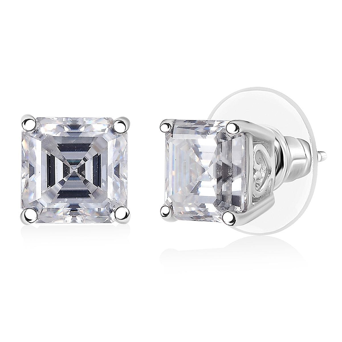 D'Joy Asscher Cut Moissanite 5.50 ctw Stud Earrings in Rhodium Over Sterling Silver
