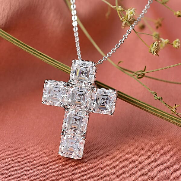 D'Joy Asscher Cut Moissanite 7.00 Ctw Faithlight Pendant Necklace In Rhodium Over Sterling Silver 20 Inches