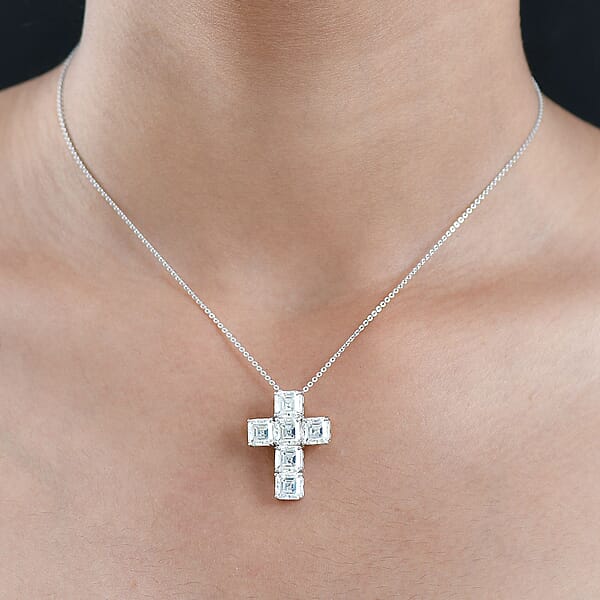 D'Joy Asscher Cut Moissanite 7.00 Ctw Faithlight Pendant Necklace In Rhodium Over Sterling Silver 20 Inches