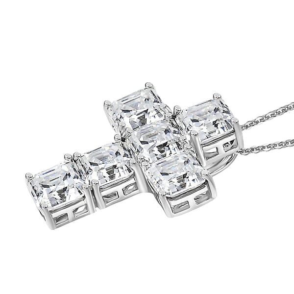 D'Joy Asscher Cut Moissanite 7.00 Ctw Faithlight Pendant Necklace In Rhodium Over Sterling Silver 20 Inches