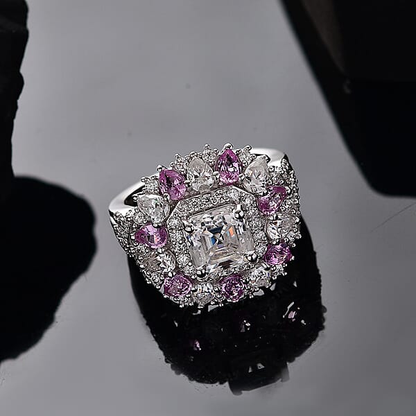 D'Joy Asscher Cut Moissanite And Madagascar Pink Sapphire 5.00 Ctw Majestic Orchid Ring In Rhodium Over Sterling Silver