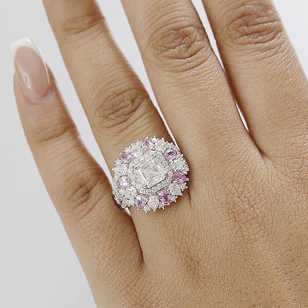 D'Joy Asscher Cut Moissanite And Madagascar Pink Sapphire 5.00 Ctw Majestic Orchid Ring In Rhodium Over Sterling Silver