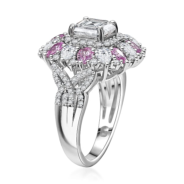 D'Joy Asscher Cut Moissanite And Madagascar Pink Sapphire 5.00 Ctw Majestic Orchid Ring In Rhodium Over Sterling Silver