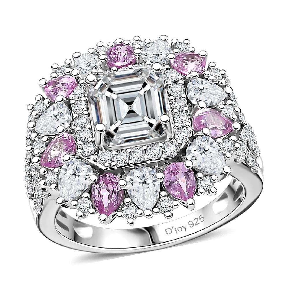 D'Joy Asscher Cut Moissanite and Madagascar Pink Sapphire 5.00 ctw Majestic Orchid Ring in Rhodium Over Sterling Silver
