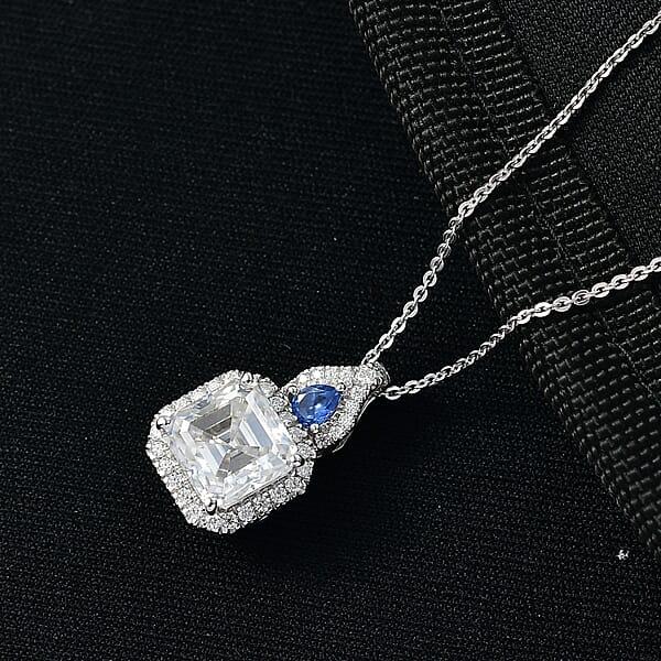 D'Joy Asscher Cut Moissanite Ceylon Blue Sapphire Pendant Necklace In Rhodium Over Sterling Silver 3.50 Ctw (20 Inches)