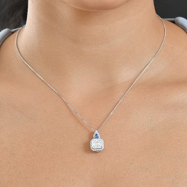 D'Joy Asscher Cut Moissanite Ceylon Blue Sapphire Pendant Necklace In Rhodium Over Sterling Silver 3.50 Ctw (20 Inches)