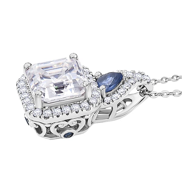 D'Joy Asscher Cut Moissanite Ceylon Blue Sapphire Pendant Necklace In Rhodium Over Sterling Silver 3.50 Ctw (20 Inches)