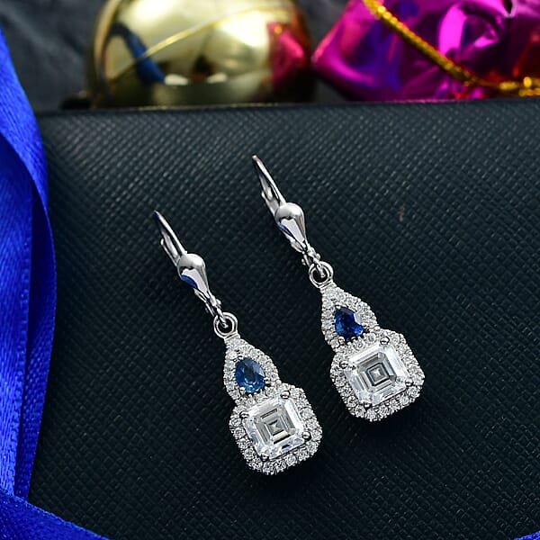D'Joy Asscher Cut Moissanite Ceylon Blue Sapphire Earrings In Rhodium Over Sterling Silver 3.30 Ctw