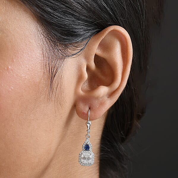 D'Joy Asscher Cut Moissanite Ceylon Blue Sapphire Earrings In Rhodium Over Sterling Silver 3.30 Ctw