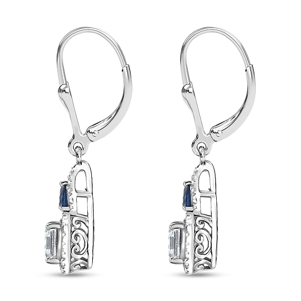 D'Joy Asscher Cut Moissanite Ceylon Blue Sapphire Earrings In Rhodium Over Sterling Silver 3.30 Ctw