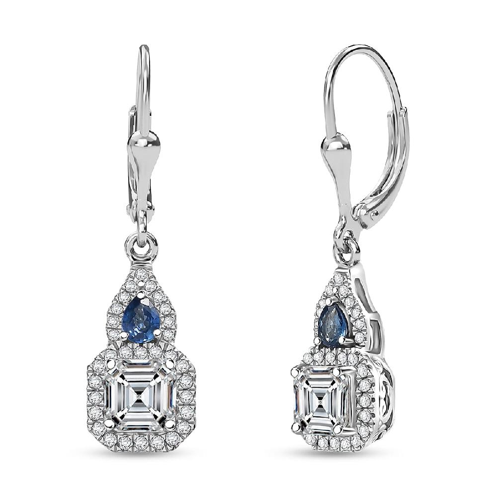 D'Joy Asscher Cut Moissanite Ceylon Blue Sapphire Earrings in Rhodium Over Sterling Silver 3.30 ctw