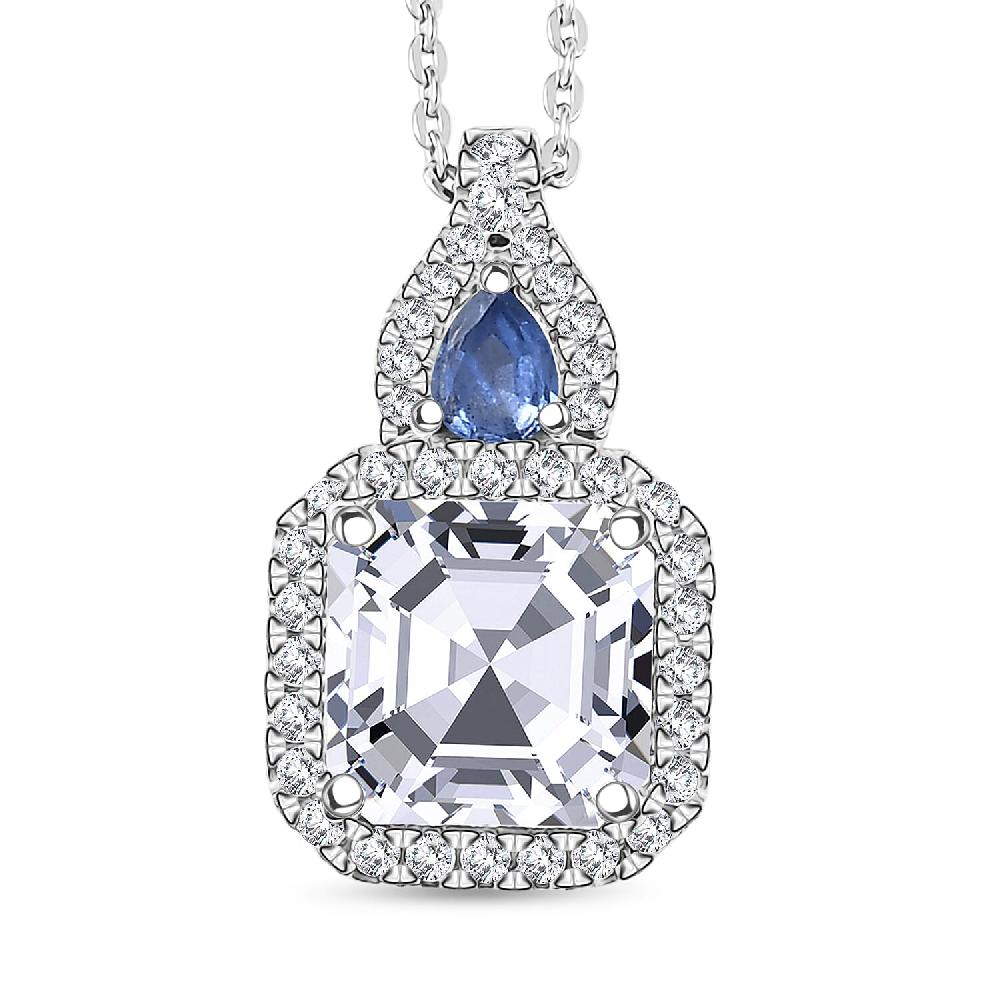 D'Joy Asscher Cut Moissanite Ceylon Blue Sapphire Pendant Necklace in Rhodium Over Sterling Silver 3.50 ctw (20 Inches)