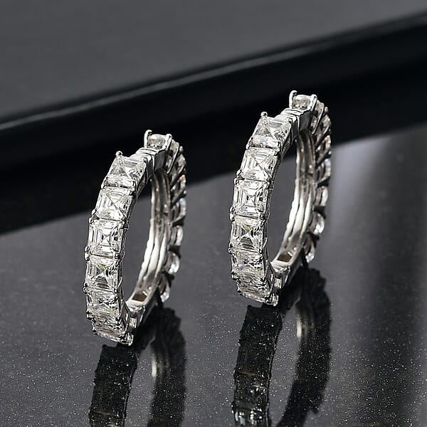D'Joy Asscher Cut Moissanite Hoop Earrings In Rhodium Over Sterling Silver 6.70 Ctw