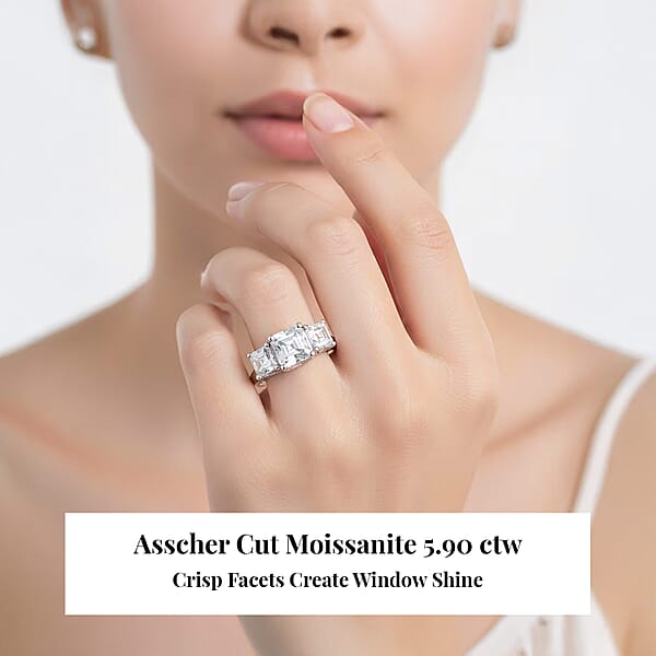 D'Joy Asscher Cut Moissanite Trinity Ring In Rhodium Over Sterling Silver 5.90 Ctw