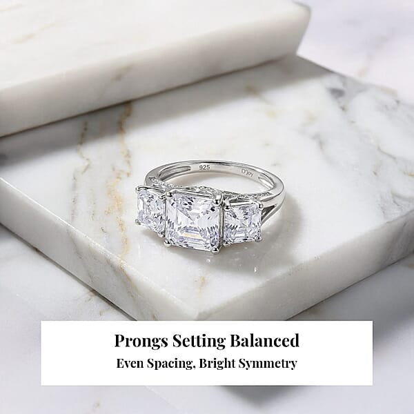 D'Joy Asscher Cut Moissanite Trinity Ring In Rhodium Over Sterling Silver 5.90 Ctw