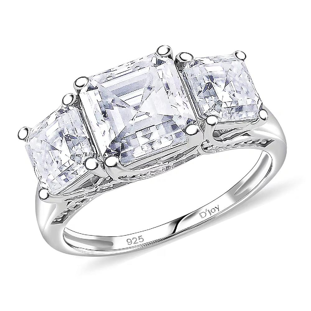 D'Joy Asscher Cut Moissanite Trinity Ring in Rhodium Over Sterling Silver 5.90 ctw