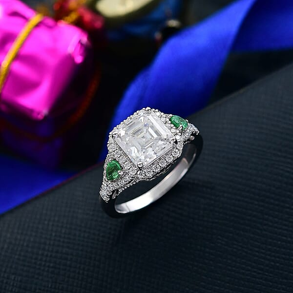 D'Joy Asscher Cut Moissanite Tsavorite Garnet Ring In Rhodium Over Sterling Silver 3.75 Ctw