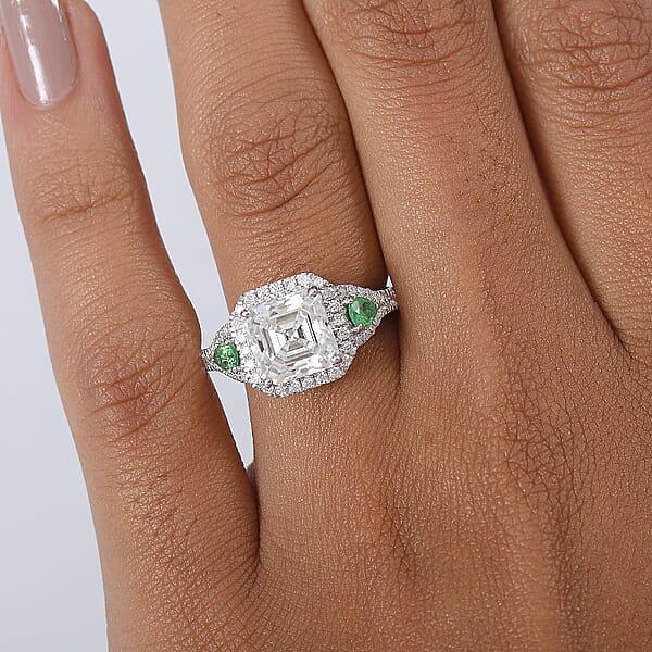 D'Joy Asscher Cut Moissanite Tsavorite Garnet Ring In Rhodium Over Sterling Silver 3.75 Ctw