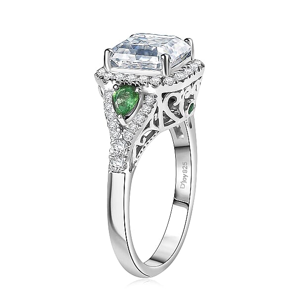 D'Joy Asscher Cut Moissanite Tsavorite Garnet Ring In Rhodium Over Sterling Silver 3.75 Ctw