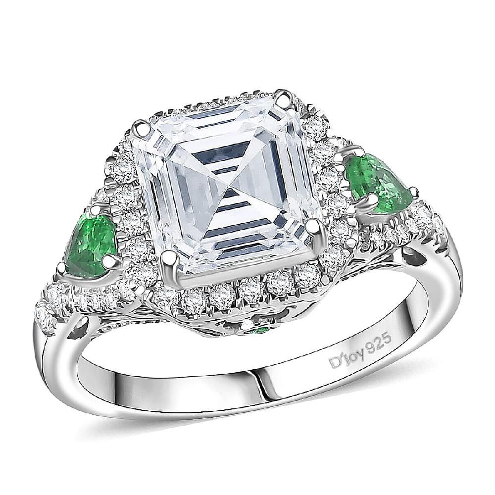 D'Joy Asscher Cut Moissanite Tsavorite Garnet Ring in Rhodium Over Sterling Silver 3.75 ctw