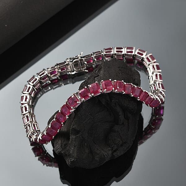 D'Joy Asscher Cut Niassa Ruby (FF) 33.00 Ctw Regal Lineage Bracelet In Rhodium Over Sterling Silver (7.25 In)