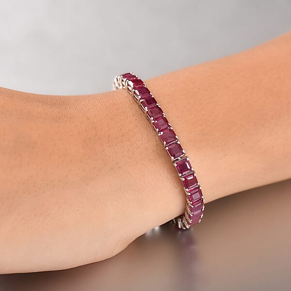 D'Joy Asscher Cut Niassa Ruby (FF) 33.00 Ctw Regal Lineage Bracelet In Rhodium Over Sterling Silver (7.25 In)