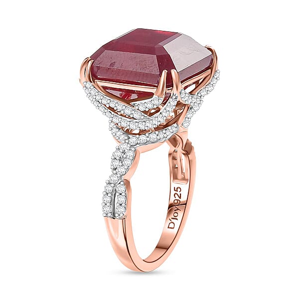 D'Joy Asscher Cut Niassa Ruby (FF) And White Zircon 22.60 Ctw Art-Deco Ring In 18K Vermeil Rose Gold Over Sterling Silver