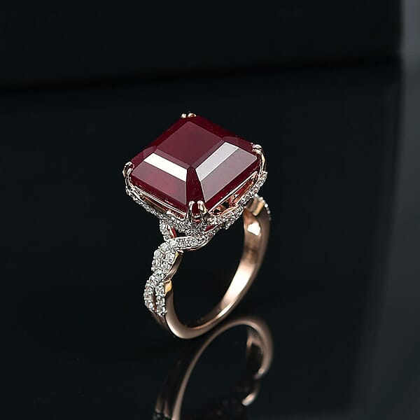 D'Joy Asscher Cut Niassa Ruby (FF) And White Zircon 22.60 Ctw Art-Deco Ring In 18K Vermeil Rose Gold Over Sterling Silver